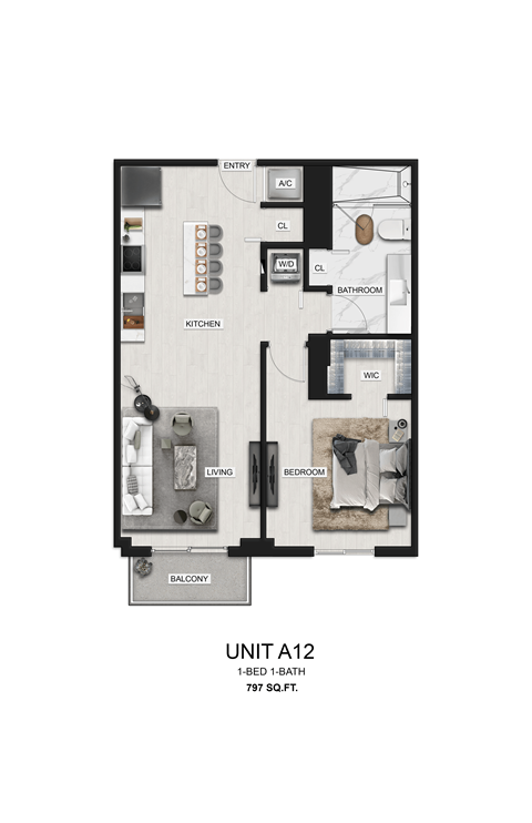 Floor plan for 1 bed, 1 bath, 797 sqft